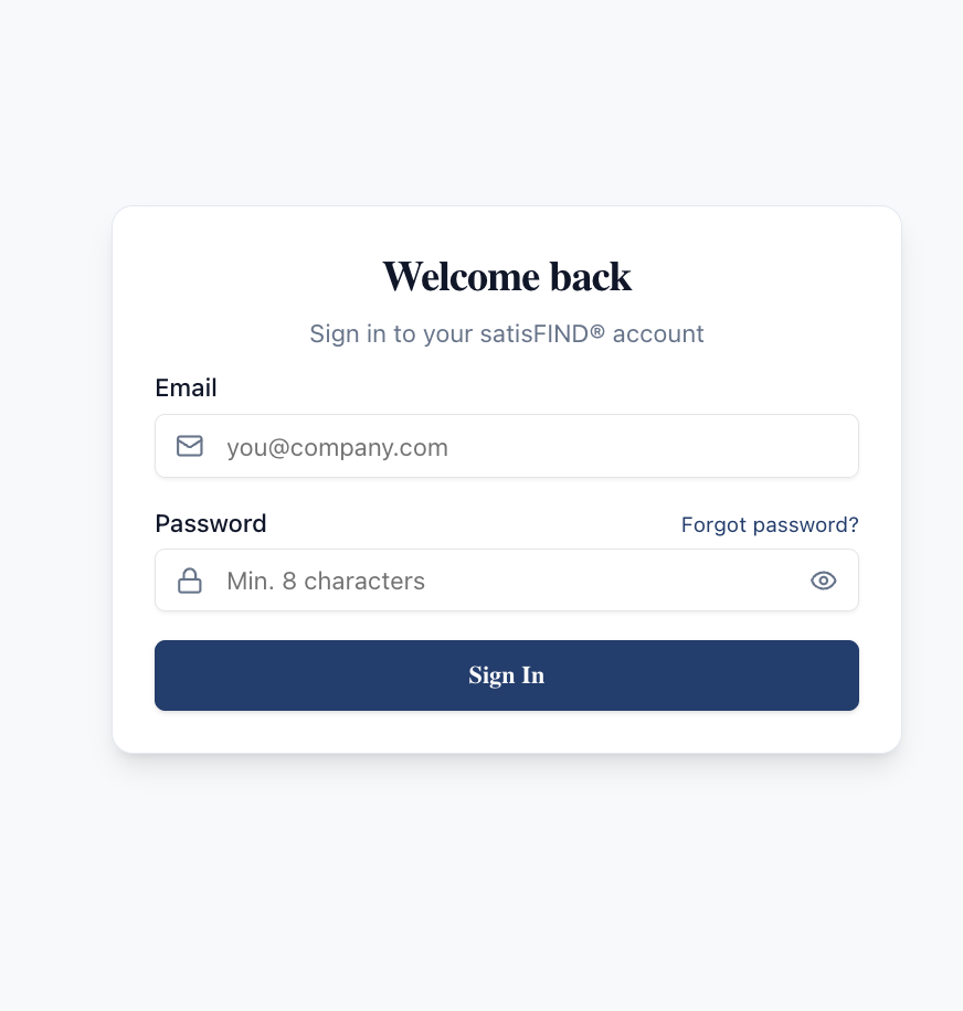 Welcome back sign-in screen with Email, Password and Forgot password?